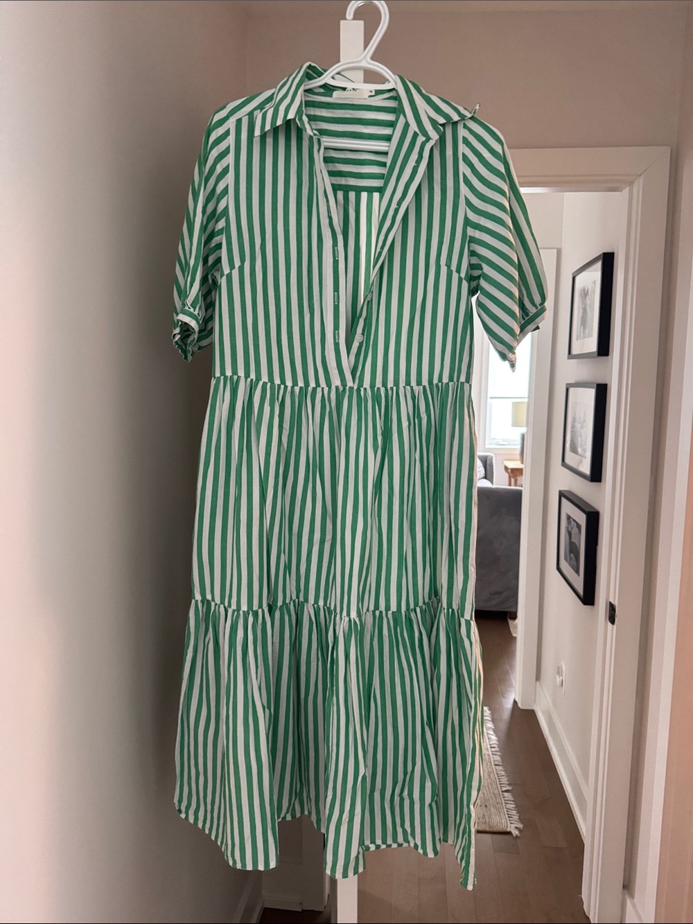 Green and White Striped Tiered Shirt Dress